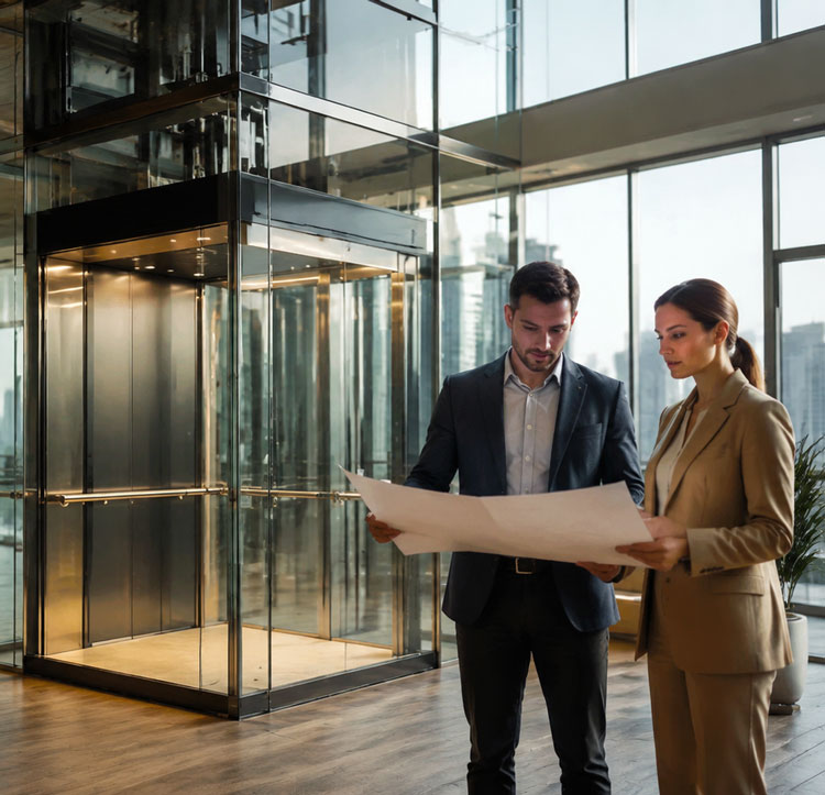 فريق مبيعات Kelevator يناقش مشروع مصعد